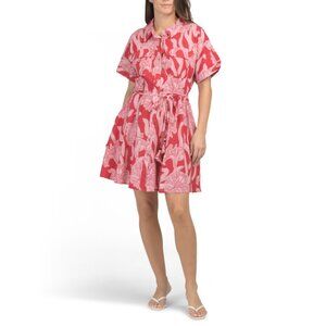 LEA Red/pink Linen Blend Short Sleeve Floral Mini Shirt Dress
